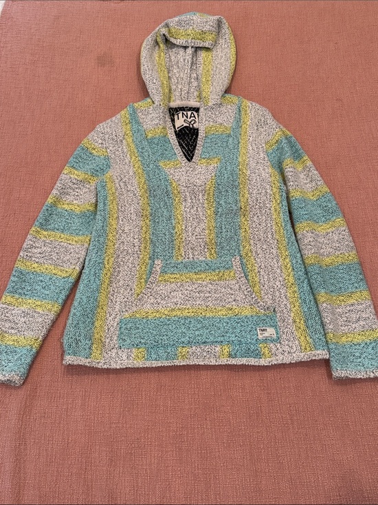 TNA Tops - Large wm’s soft and cozy Hooded Striped Baja Sweater - Teal, Gray, Yellow